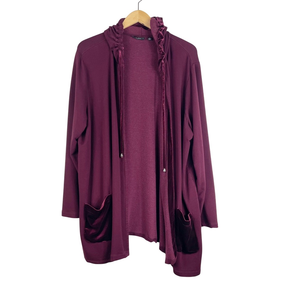 Susan Graver Weekend Hooded Cardigan Womens 2X Burgundy Open Front Pockets